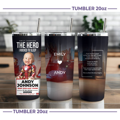 Personalized Baby Iron Man Tumbler – Custom Superhero Gift for Mom | The Hero I Rocked to Sleep
